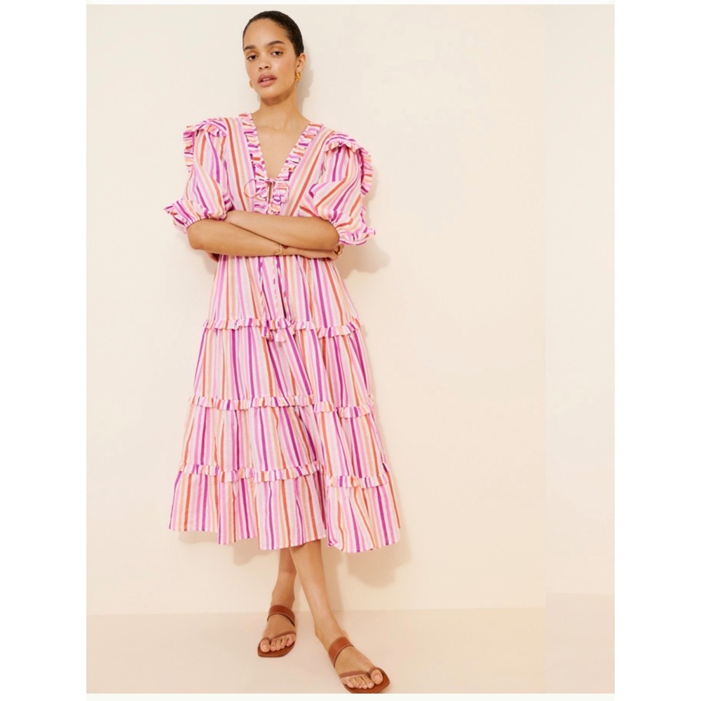 CeliaB Striped Tiered Ruffle Midi Dress Puff Sleeve V-Neck Tie Front Womens XL